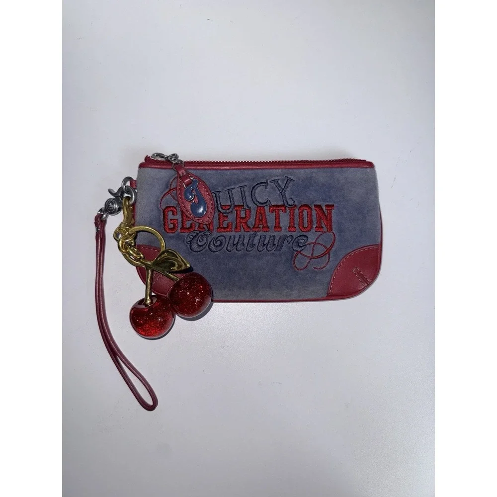 Vtg Juicy Couture Red Velour With Navy Wristlet Wallet‎ Y2K  Rare Charm Cherry Y